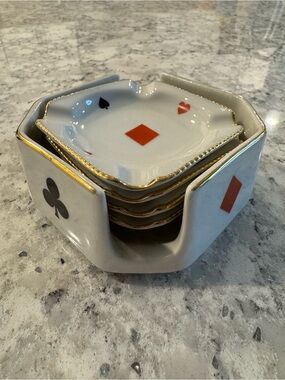 Vintage MCM Bavaria Porcelain Playing Card Ashtray Set Gold Trim Poker Barware